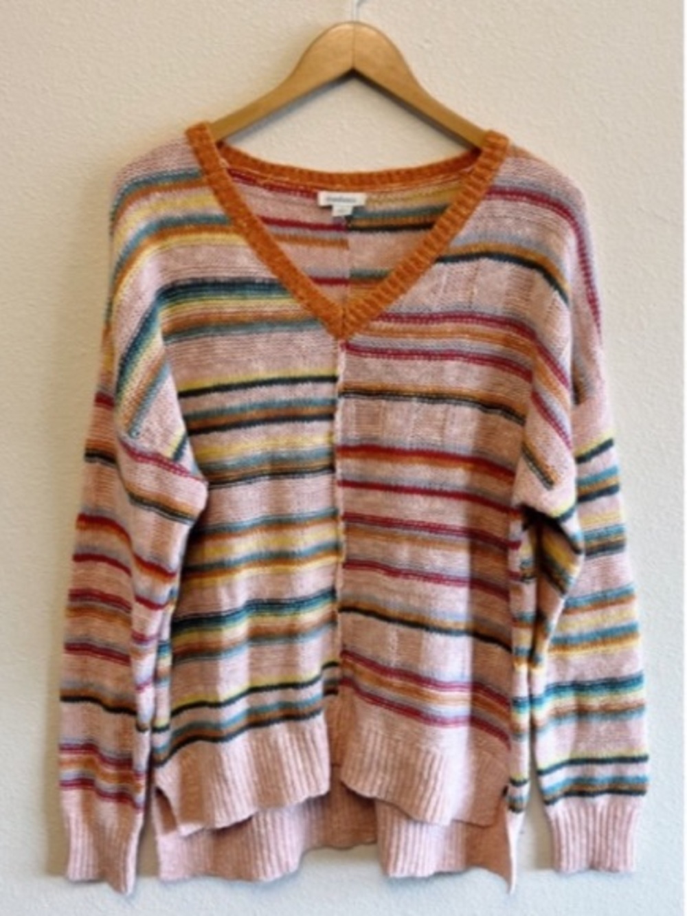 SUNDANCE Symphony Striped V-Neck Multicolor Lightweight Oversized Sweater Boho L - Picture 5 of 13
